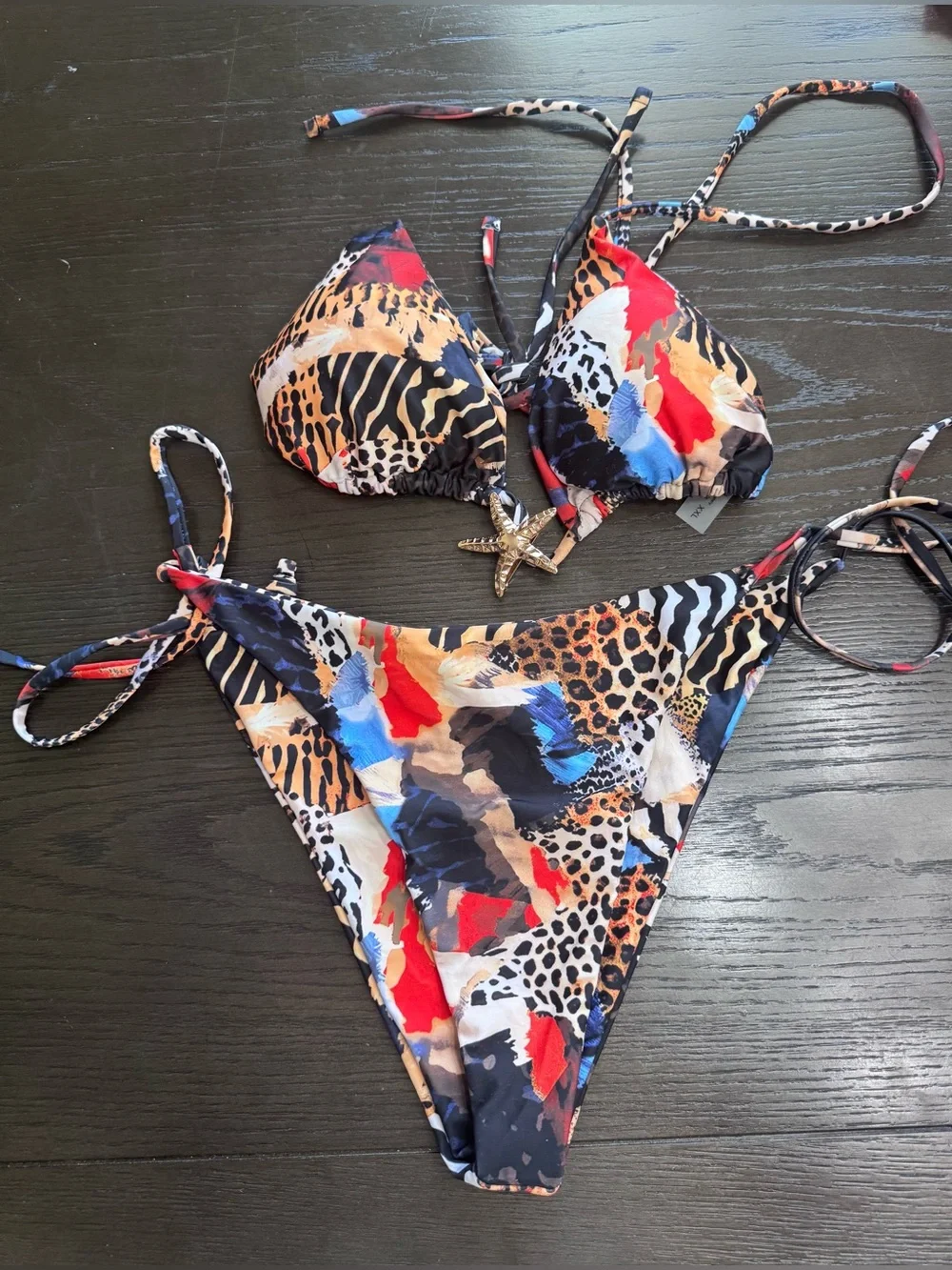 Women’s XXL Animal Print Triangle Bikini Set Tie Side Starfish Charm Multicolor